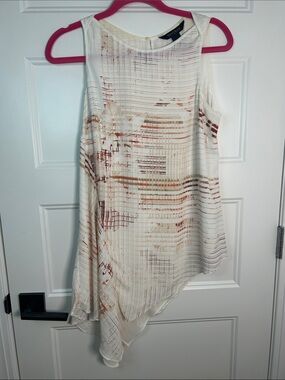 White House Black Market White Asymmetrical Tank Top with Copper Grid Print